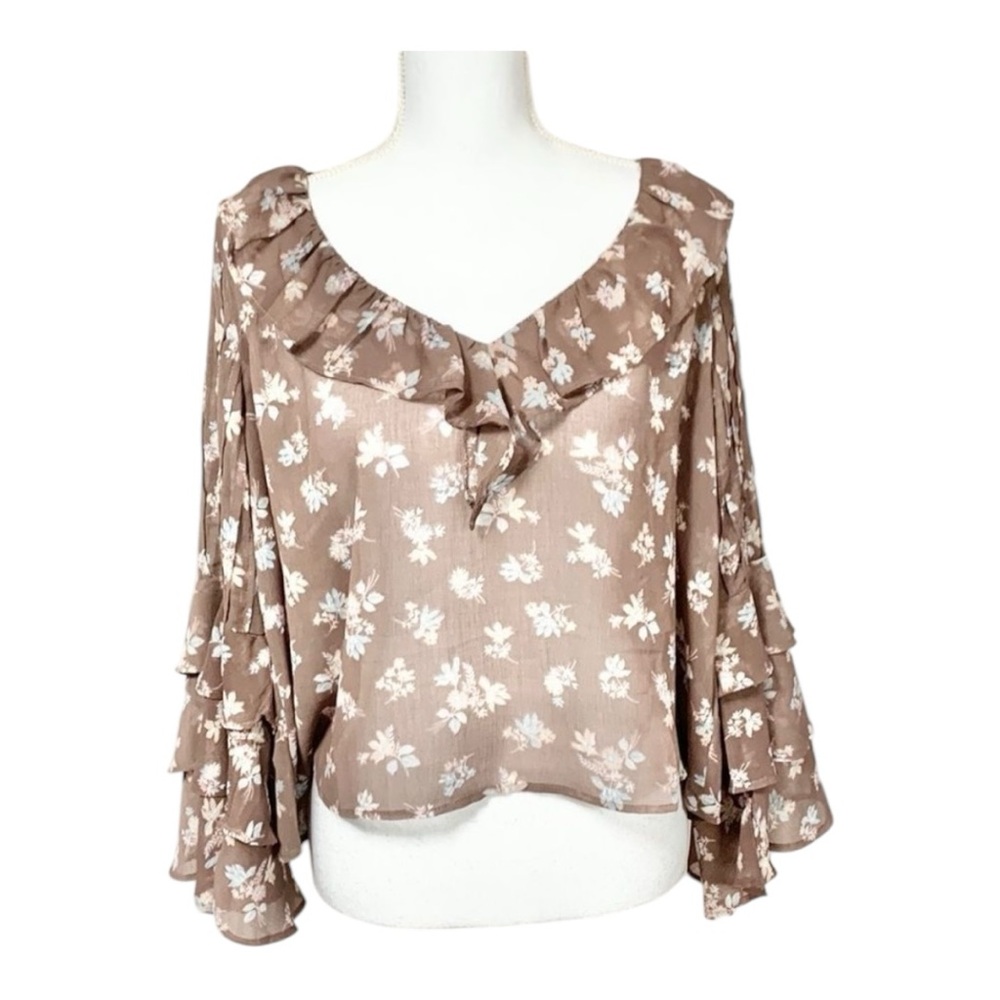American Eagle Sheer Brown & Blue Floral Bell Sleeve Boho Festival Blouse Small